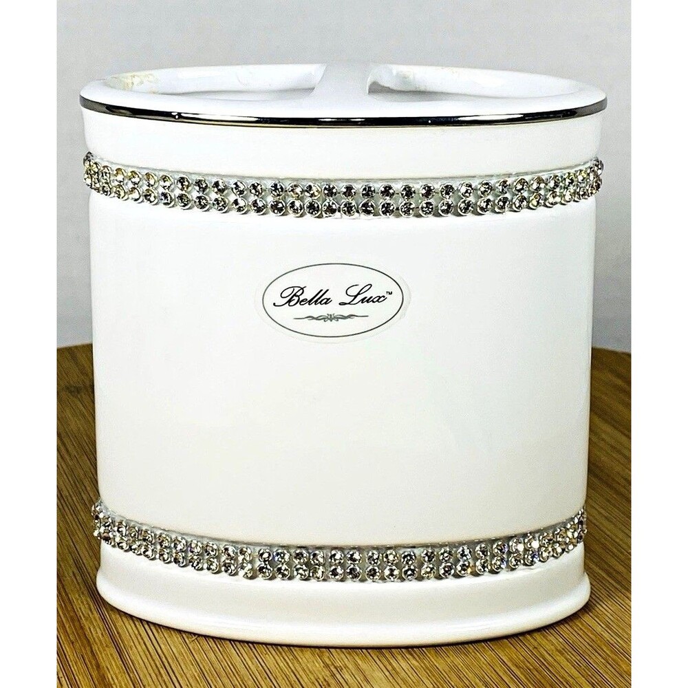 Bella Lux White Ceramic Toothbrush Holder, Silver Rhinestone Bands, Glossy Glam